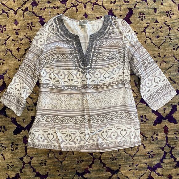 JM Collection white and dusty purple 3/4 sleeve linen top size small - Picture 3 of 8